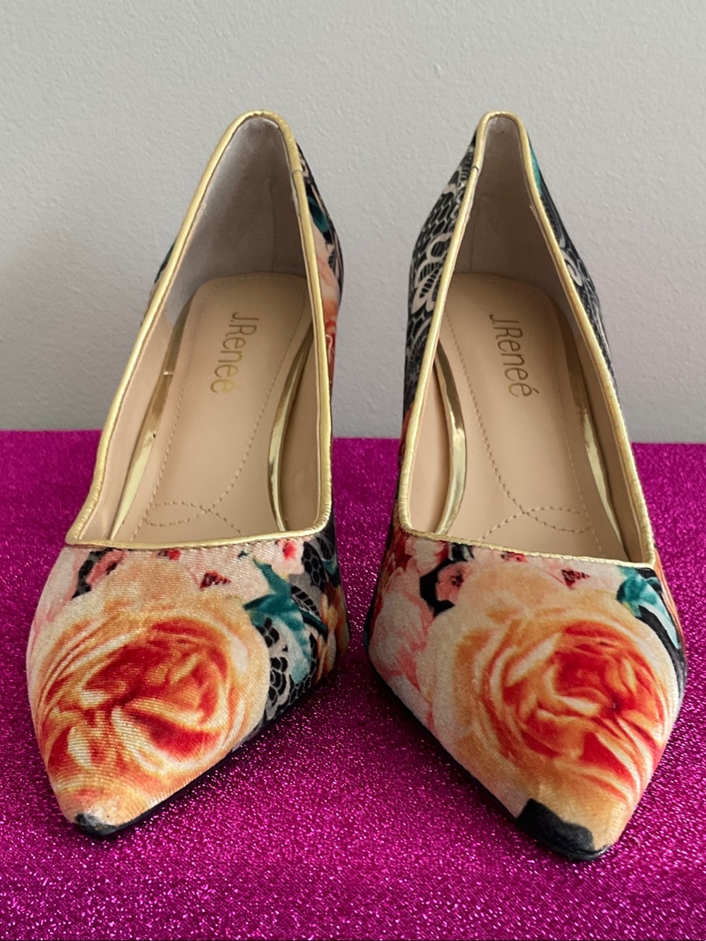 J.Renee Peach Floral Pointed-Toe Pumps with Gold Trim